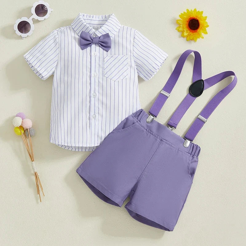 Boy Gentleman Outfit Vertical Stripe Print Short Sleeves Shirt with Bow Tie and Suspender Shorts Set for Formal Wear - Boys