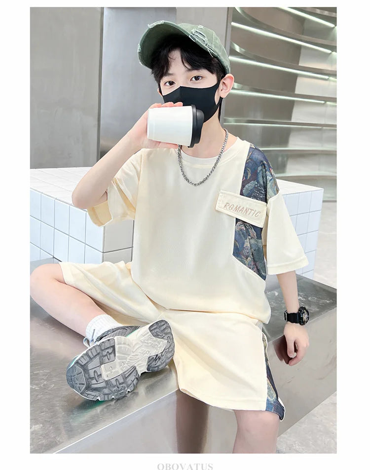 Boys Summer Suit Kids Short Sleeve T-Shirt Sports Casual Outfits for Teenage Boy Clothing Sets With Cartoon Bear - Boys
