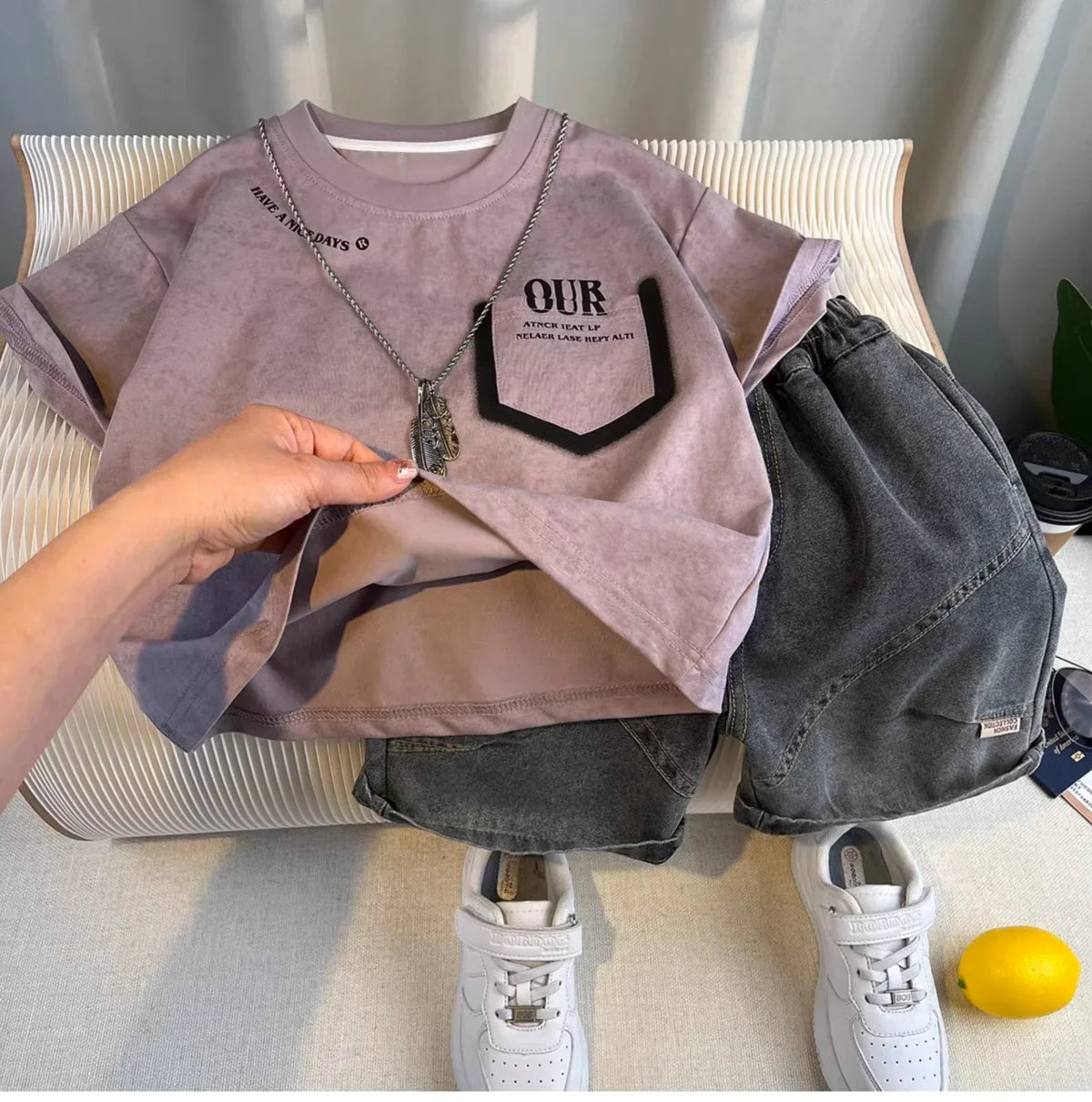 New Boys Fashion Summer Cotton Letter Printing T-shirts+Graffiti Denim Shorts 2pcs Set Kids Korean Outfits Sets Children