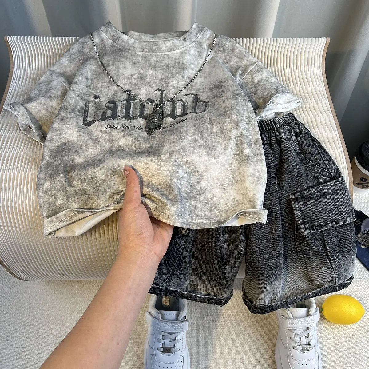 New Boys Fashion Summer Cotton Letter Printing T-shirts+Graffiti Denim Shorts 2pcs Set Kids Korean Outfits Sets Children