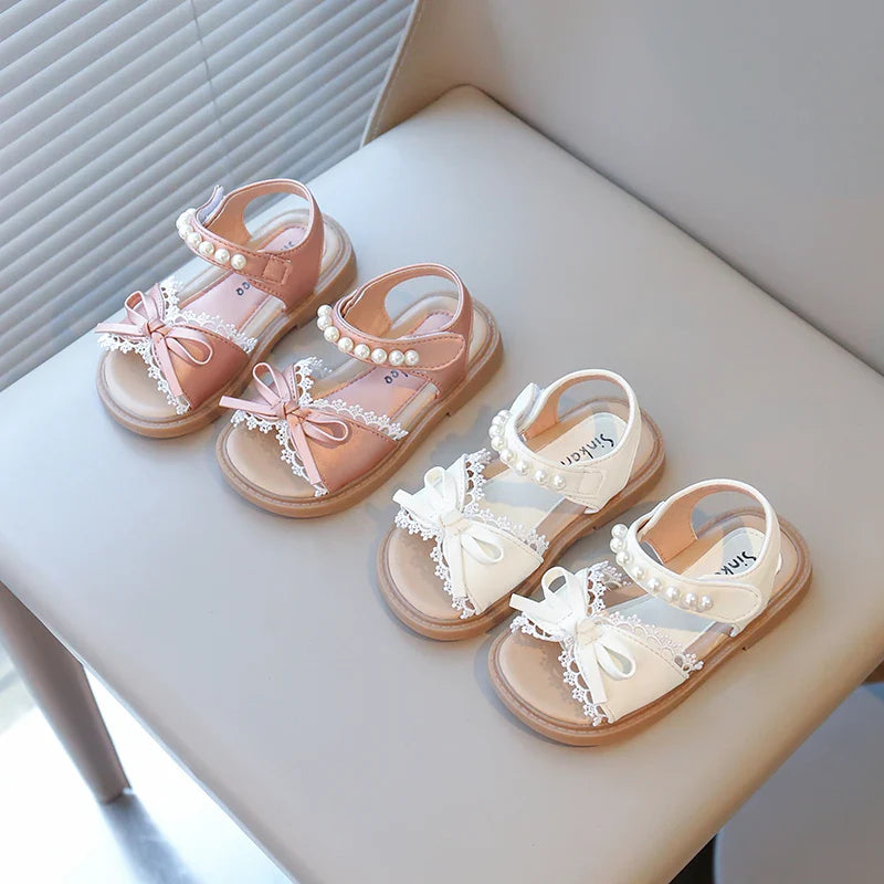Summer Girl's Princess Shoes Lace Bowtie Open Toe Pearl Sweet Kid's Flat Shoe Solid Colors Anti-slip Chic Daily Children Shoe