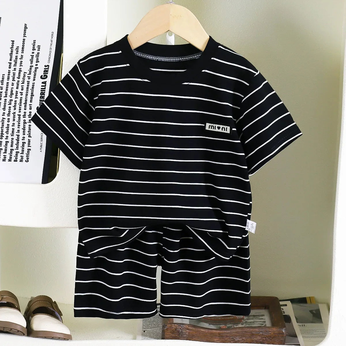 Children Short Sleeve - Children's short-sleeve stripe set, boys' black and white striped summer clothes, boy baby outwear