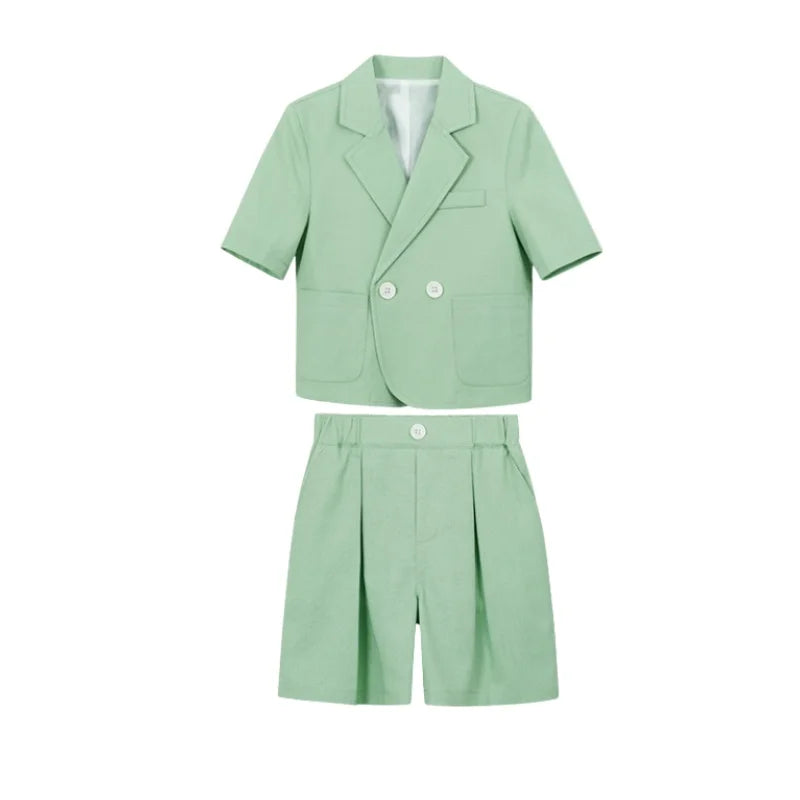 Kids Summer Short-Sleeved Wedding Suit Set Boys Blazer Pants Outfit Children's Piano Host Speech Performance Costume - Boys