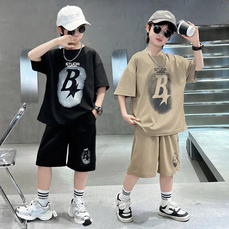 New Summer Teenager Boys Clothing Set Cotton Letter Short Sleeve T-shirt Shorts Years Kids Tracksuits Child Cloth - Boys