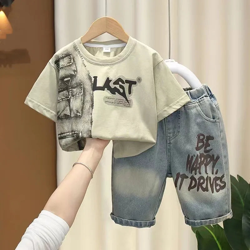 Boys Summer Clothing Set New Handsome Children's Short Sleeved Clothes Trendy Baby T-shirt Jeans Thin Two-piece Set - Boys