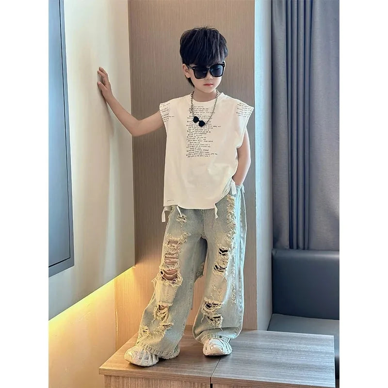 Boys Summer Set - Boys' Summer Set Fashionable New Children's Casual Irregular Hole Jeans+Tank Top T-shirt 2-piece Set