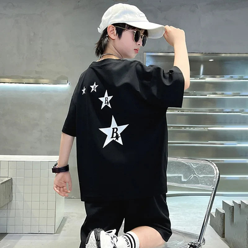 New Summer Teenager Boys Clothing Set Cotton Letter Short Sleeve T-shirt Shorts Years Kids Tracksuits Child Cloth - Boys
