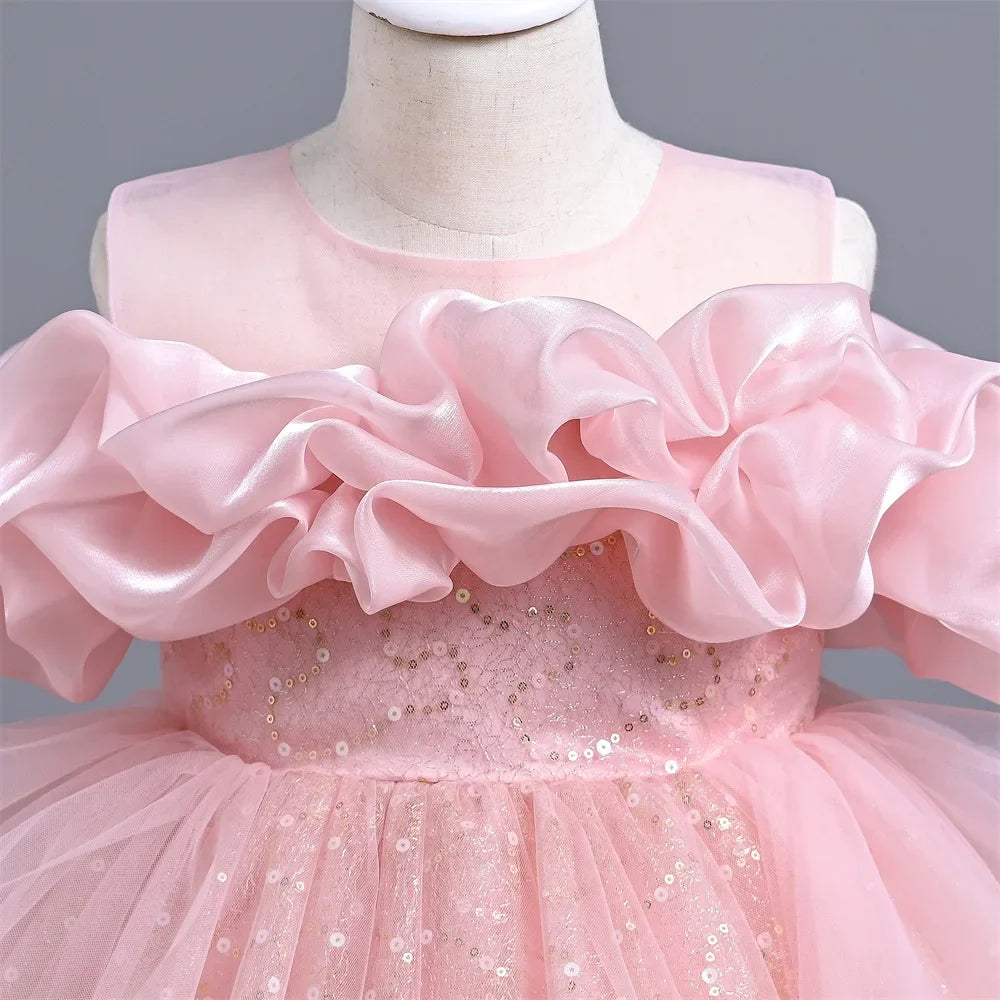 New Girl's Wedding Evening Dress Petal Sequin Mesh Sleeveless Dress Birthday Party School Graduation Party Dress