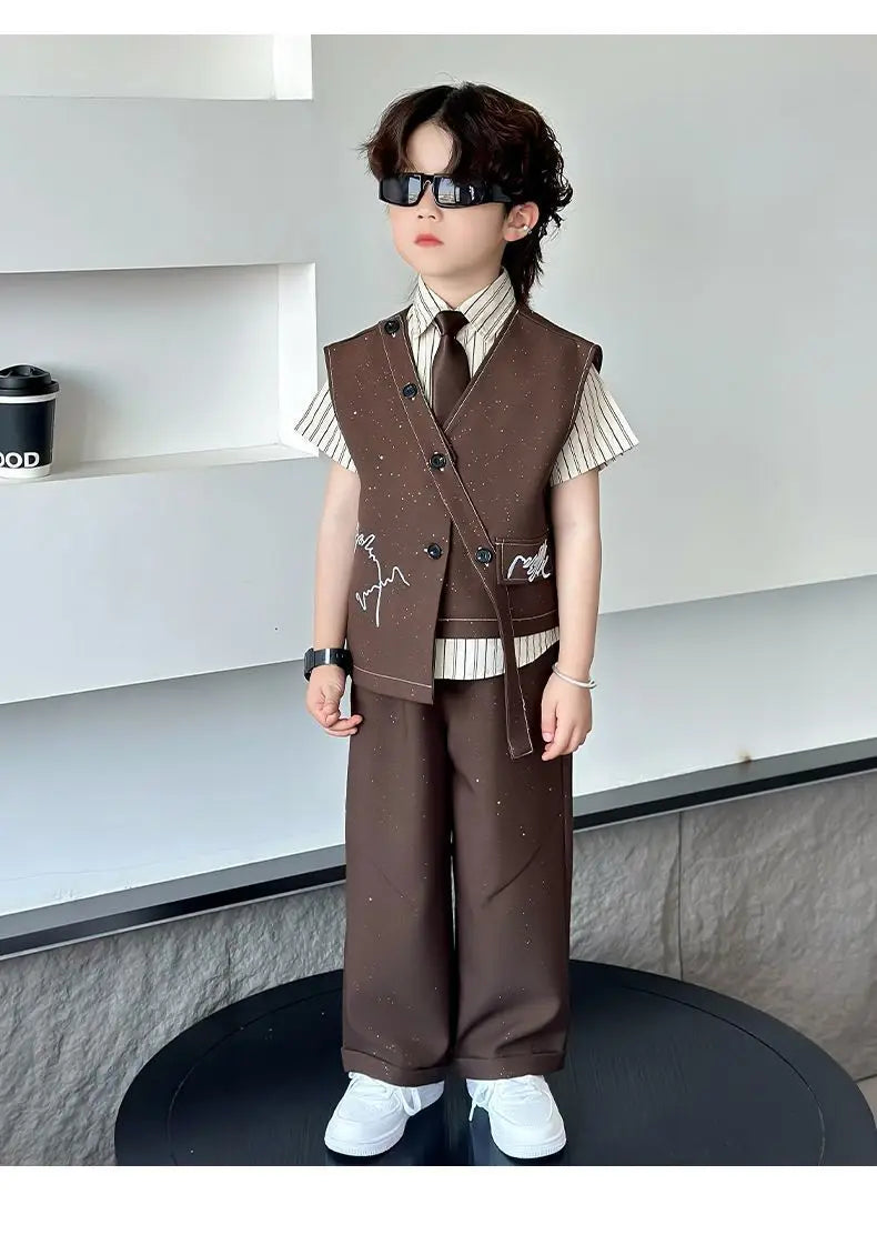 Spring Boy Retro Stripes TShirt+Pants Shorts+Vest Kid Children baby Gentleman Handsome Streetwear Party Clothes - Boys
