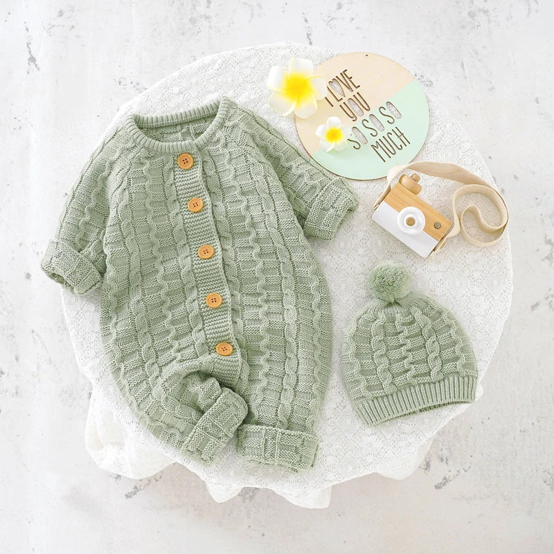 Winter Baby Rompers Clothes Solid Long Sleeve Knitted Newborn Boys Girls Jumpsuits Hats Outfits Sets 0-18m Autumn Infant Costume