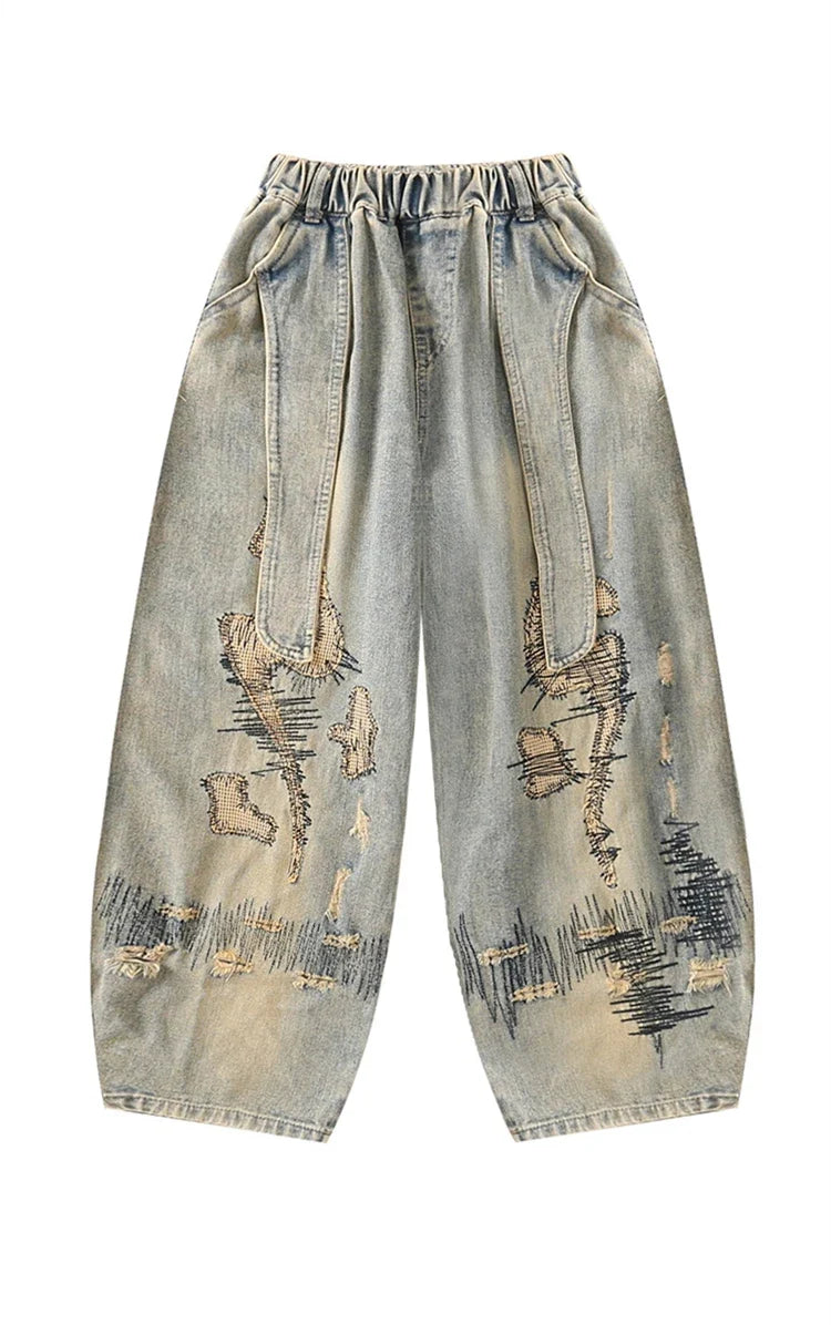 Korean Boy Luxury Hip Hop y2k Baggy Ripped Jeans Kids High Street Fashion Hiphop Rap Dance Denim Pants Child Performance