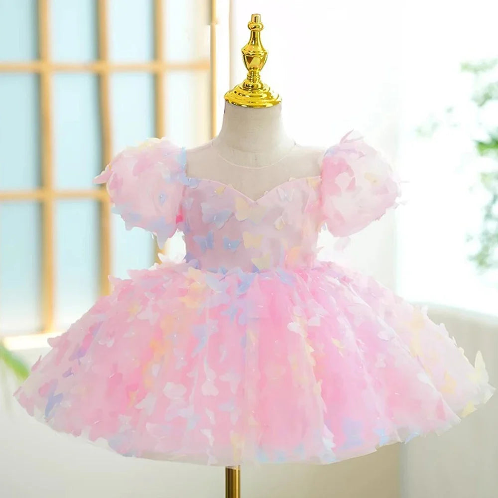Toddler Girl Party Dress Colorful Gradient 3D Butterfly Prom Gown Girl Bow Lace Birthday Wedding Princess Summer Dresses Evening
