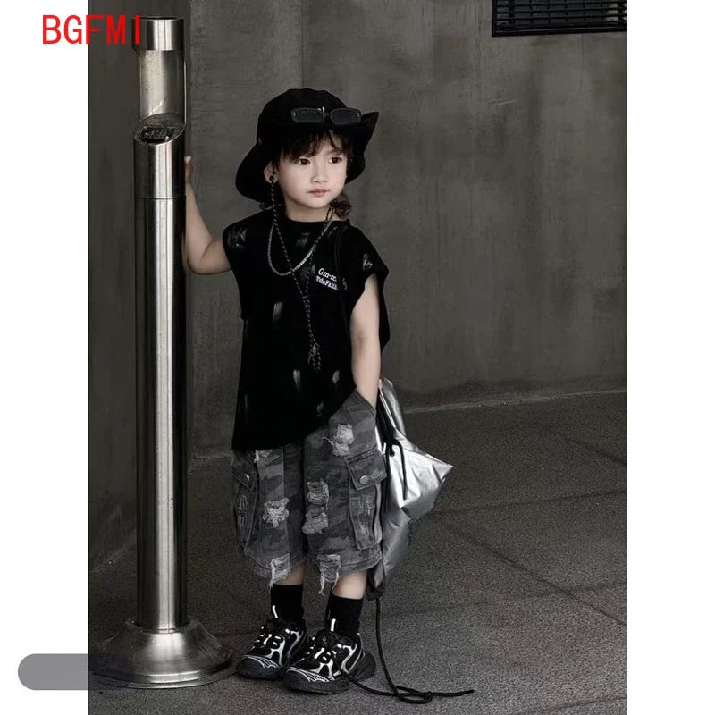 Summer Boys Loose Sleeveless Printed T-Shirt Tops + Hole Shorts Set Child Outfit Handsome Kids Clothes Boys 2-10Y Vest Suit