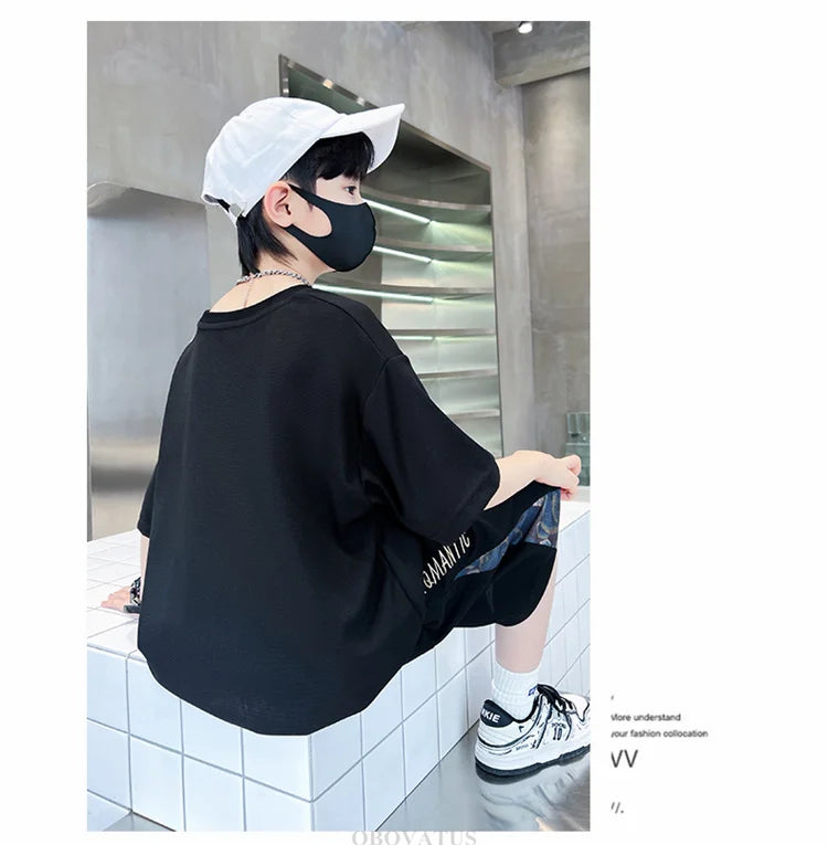 Boys Summer Suit Kids Short Sleeve T-Shirt Sports Casual Outfits for Teenage Boy Clothing Sets With Cartoon Bear - Boys