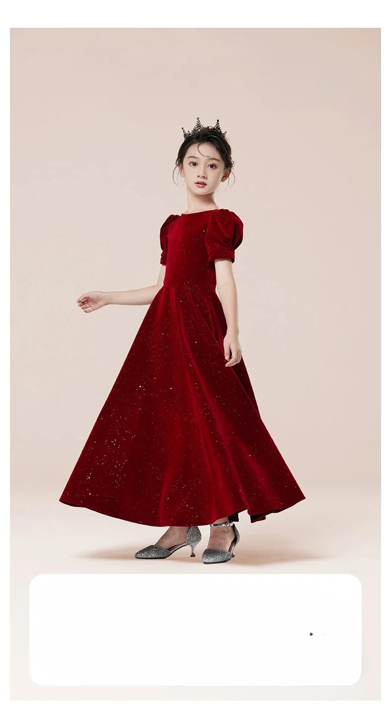Kids Party Dress Clothing For Birthday Princess  Wine Red Piano Wedding Flower Girl Host Children's Formal Dress