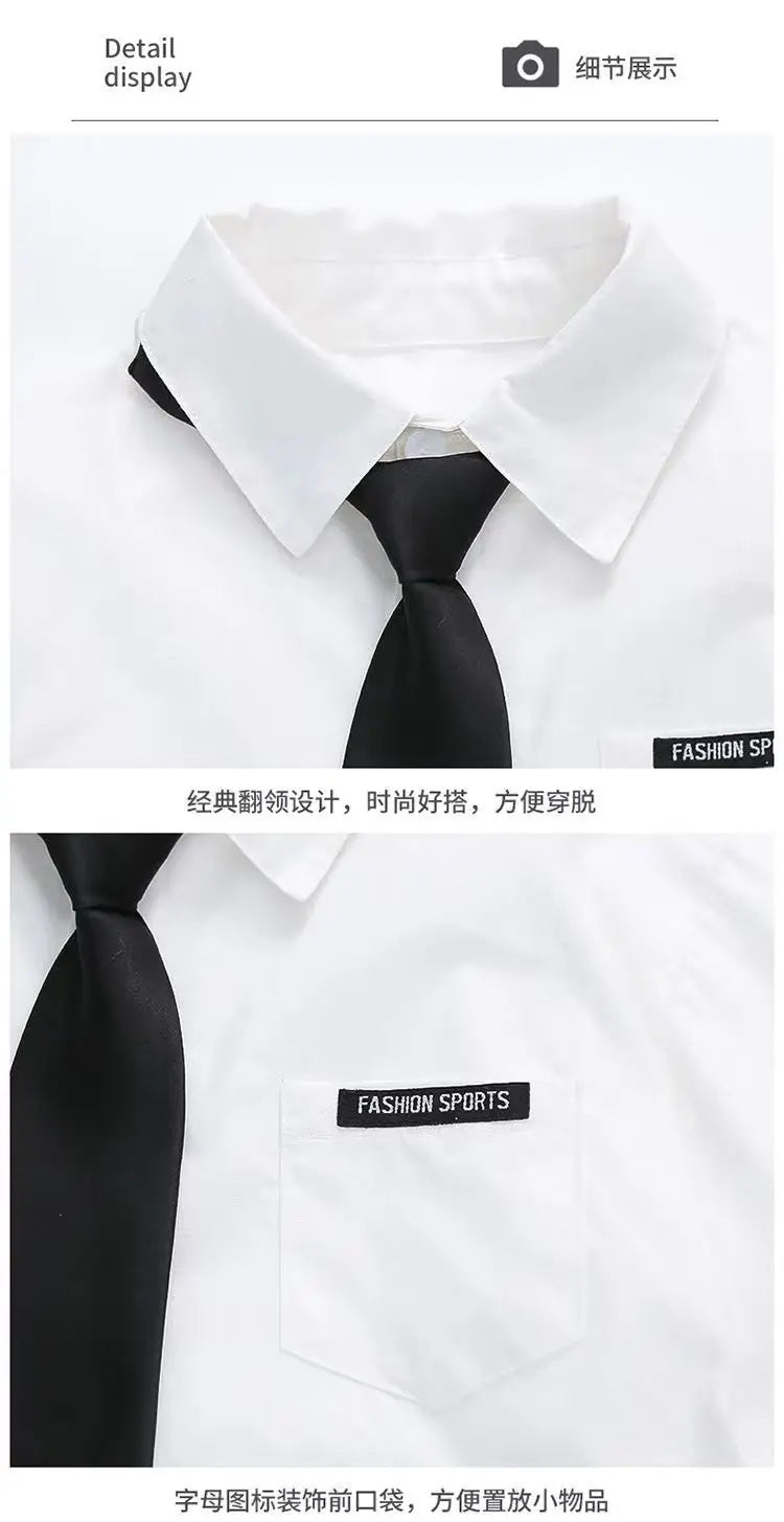 Teens Boys Summer Set Children's Wear Thin 2025 New Handsome British Style Boy White Cotton Short Sleeved Shirt+Black