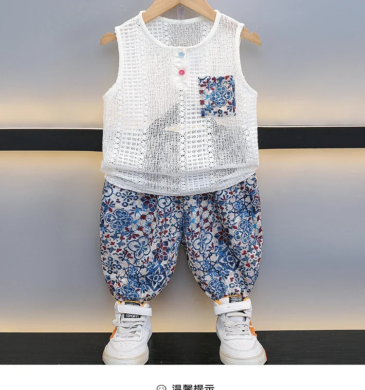 Boys Summer Hollow out Vest Set Breathable Me Svel Long Pants Two Piece Suit Teen Casual Sportswear Cotton Blend orts - Boys