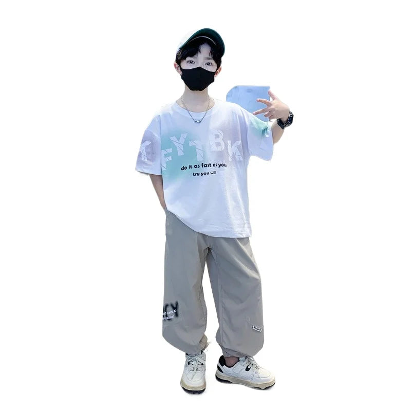 Teenager Boys Clothes Casual Outfit Kids Gradient Tracksuit Child t shirt + ankle tie pant - Boys Summer & Party Dresses