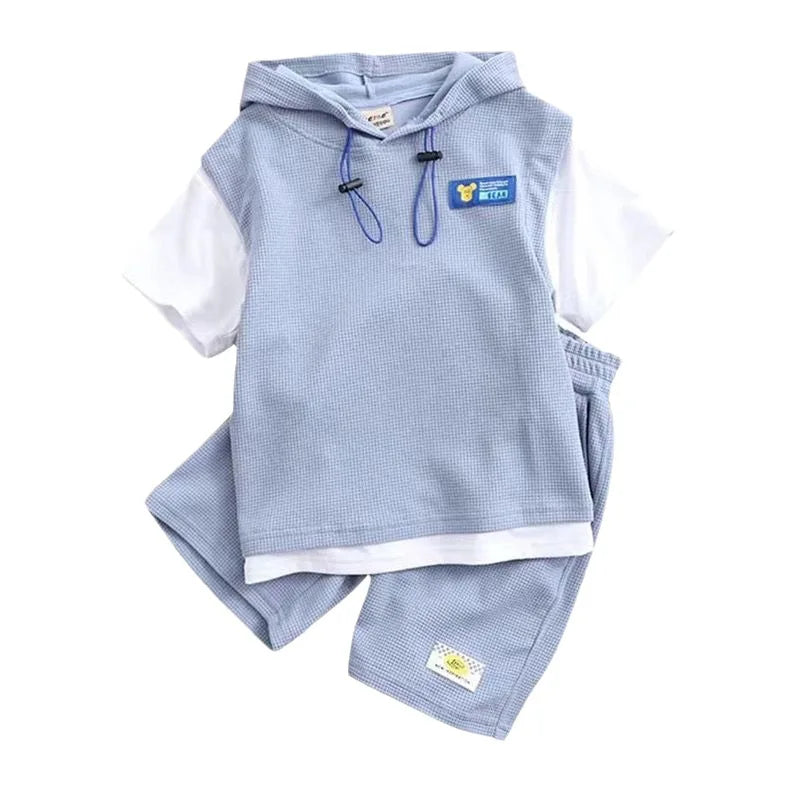 Summer Boy Clothes - Summer Baby Boy Clothes Set Hoodies T-shirts and Shorts Suit Children Girls Waffle Patchwork Top Bottom