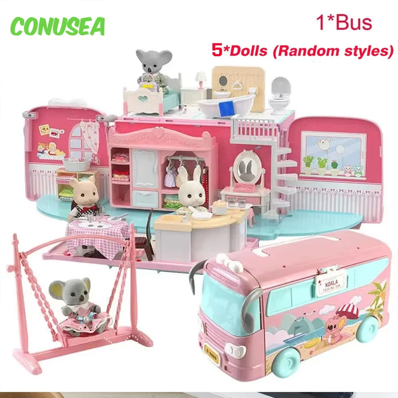 Dollhouse Koala Diary Girl Play House Toy Diy Tour Bus Bedroom Dresser Dining Kitchen Bathroom Pretend Toys Christmas gifts Kids