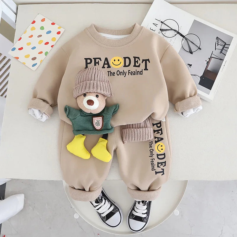 New Boys' Autumn Set Children's Wear Handsome Boys' Winter Plush Thickened Sweater Two Piece Set baby clothes
