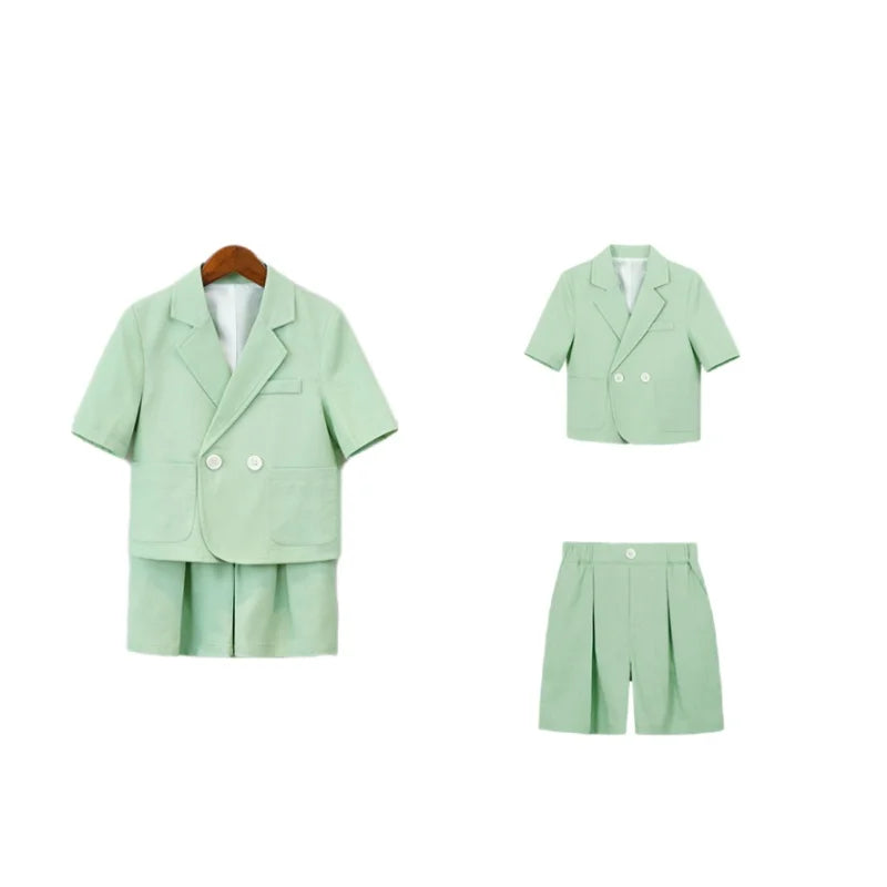 Kids Summer Short-Sleeved Wedding Suit Set Boys Blazer Pants Outfit Children's Piano Host Speech Performance Costume - Boys