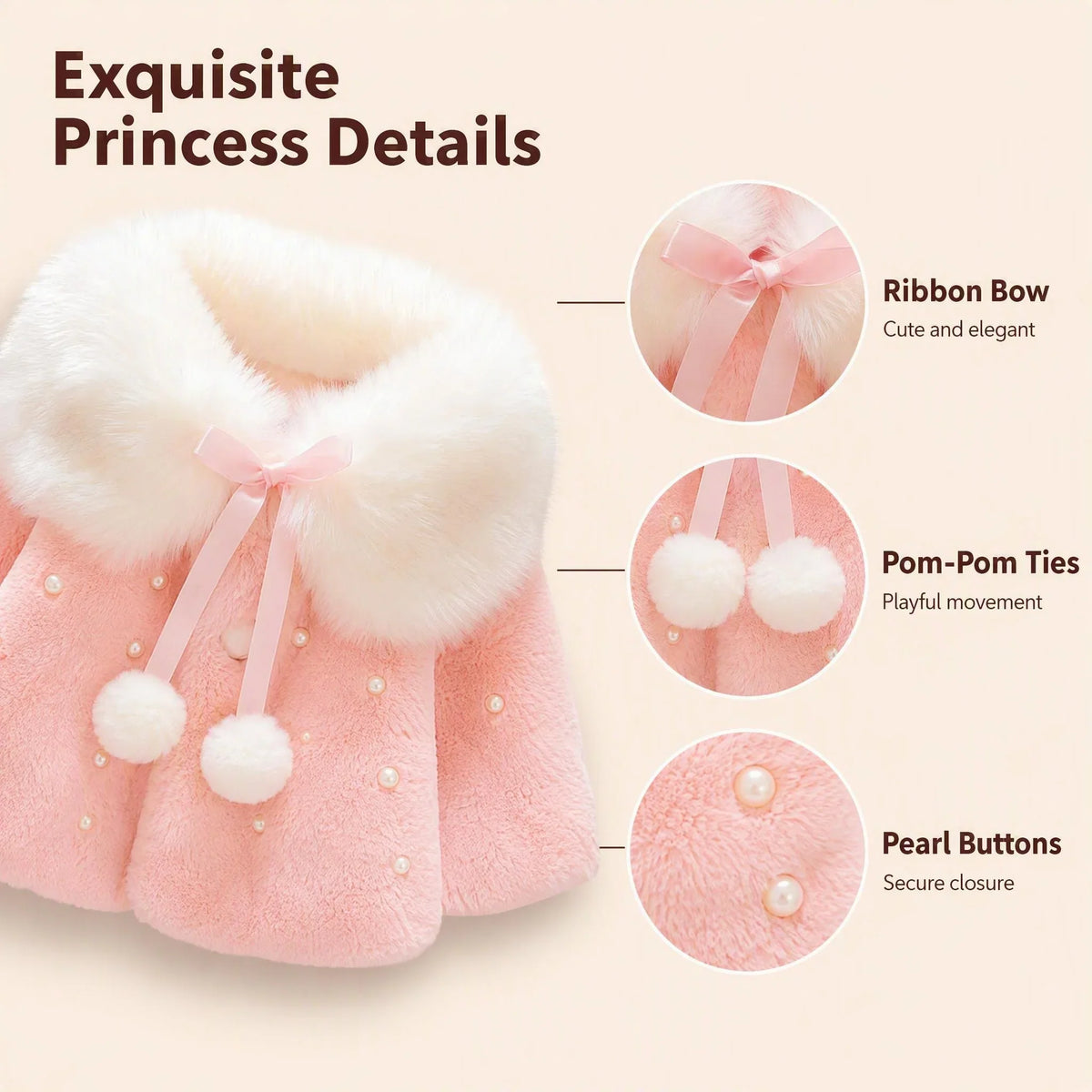 Girls Winter Fleece Cape Cloak with Faux Fur Collar Polka Dot Pearl Bowknot Warm Poncho Coat for Toddler Baby Girl Autumn Outerw