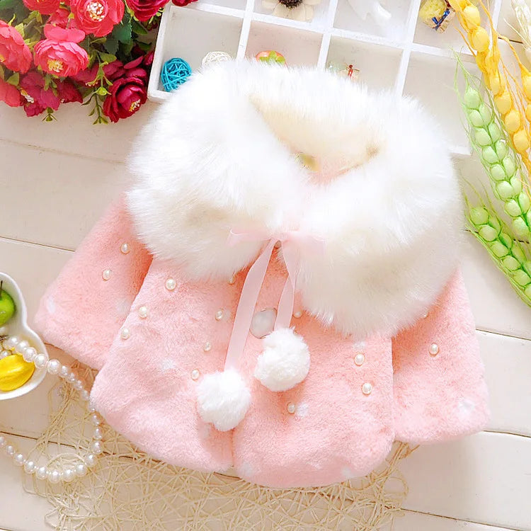 Girls Winter Fleece Cape Cloak with Faux Fur Collar Polka Dot Pearl Bowknot Warm Poncho Coat for Toddler Baby Girl Autumn Outerw