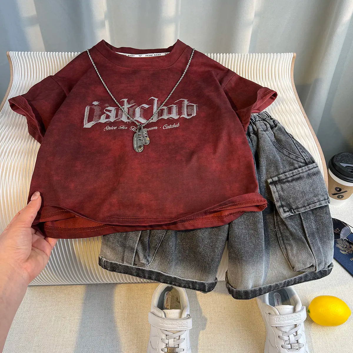 New Boys Fashion Summer Cotton Letter Printing T-shirts+Graffiti Denim Shorts 2pcs Set Kids Korean Outfits Sets Children