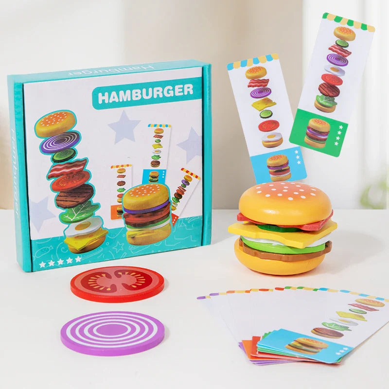 Montessori Wooden Hamburger Pretend Play Toy Educational Simulation Food Matching Stacking Game with Cards for Kids 2 Years Gift