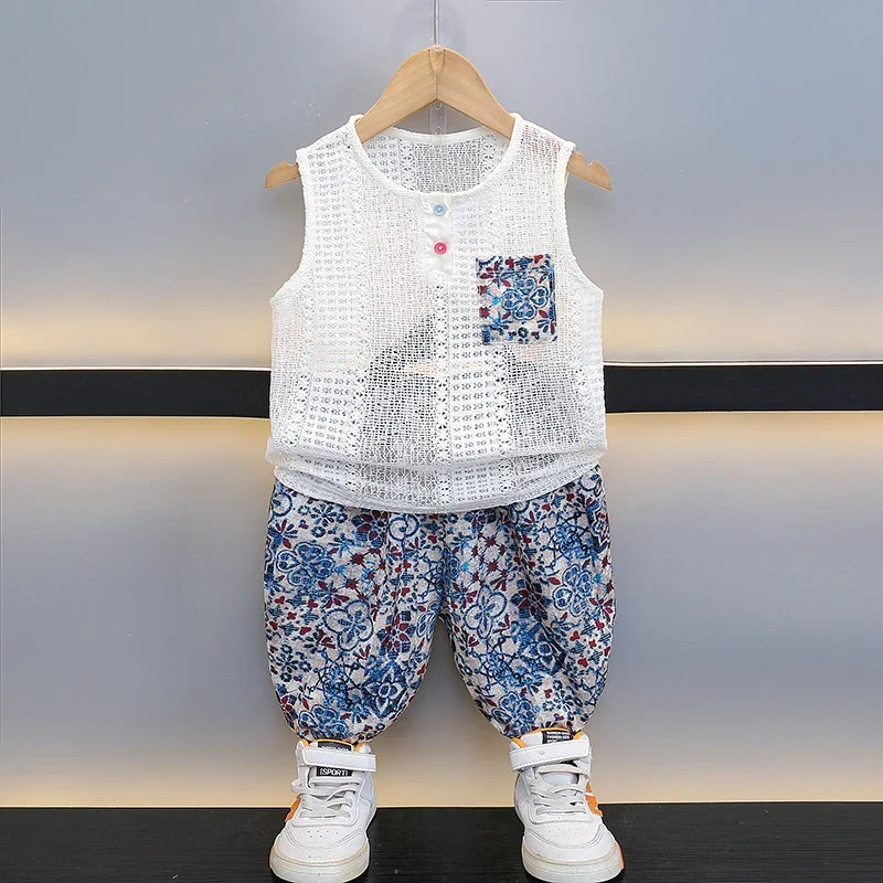 Boys Summer Hollow out Vest Set Breathable Me Svel Long Pants Two Piece Suit Teen Casual Sportswear Cotton Blend orts - Boys