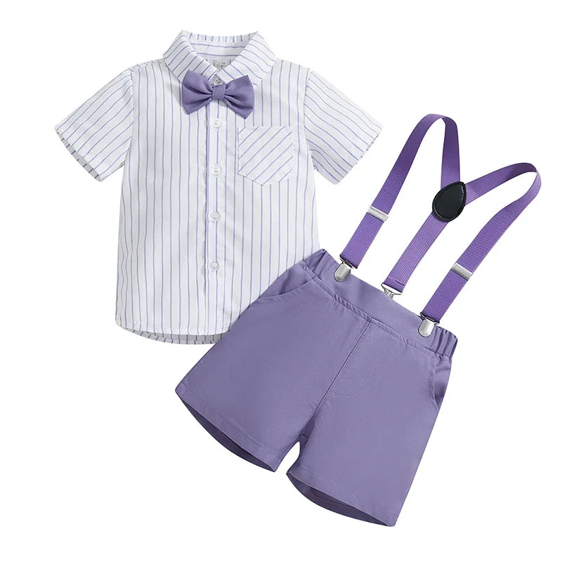 Boy Gentleman Outfit Vertical Stripe Print Short Sleeves Shirt with Bow Tie and Suspender Shorts Set for Formal Wear - Boys