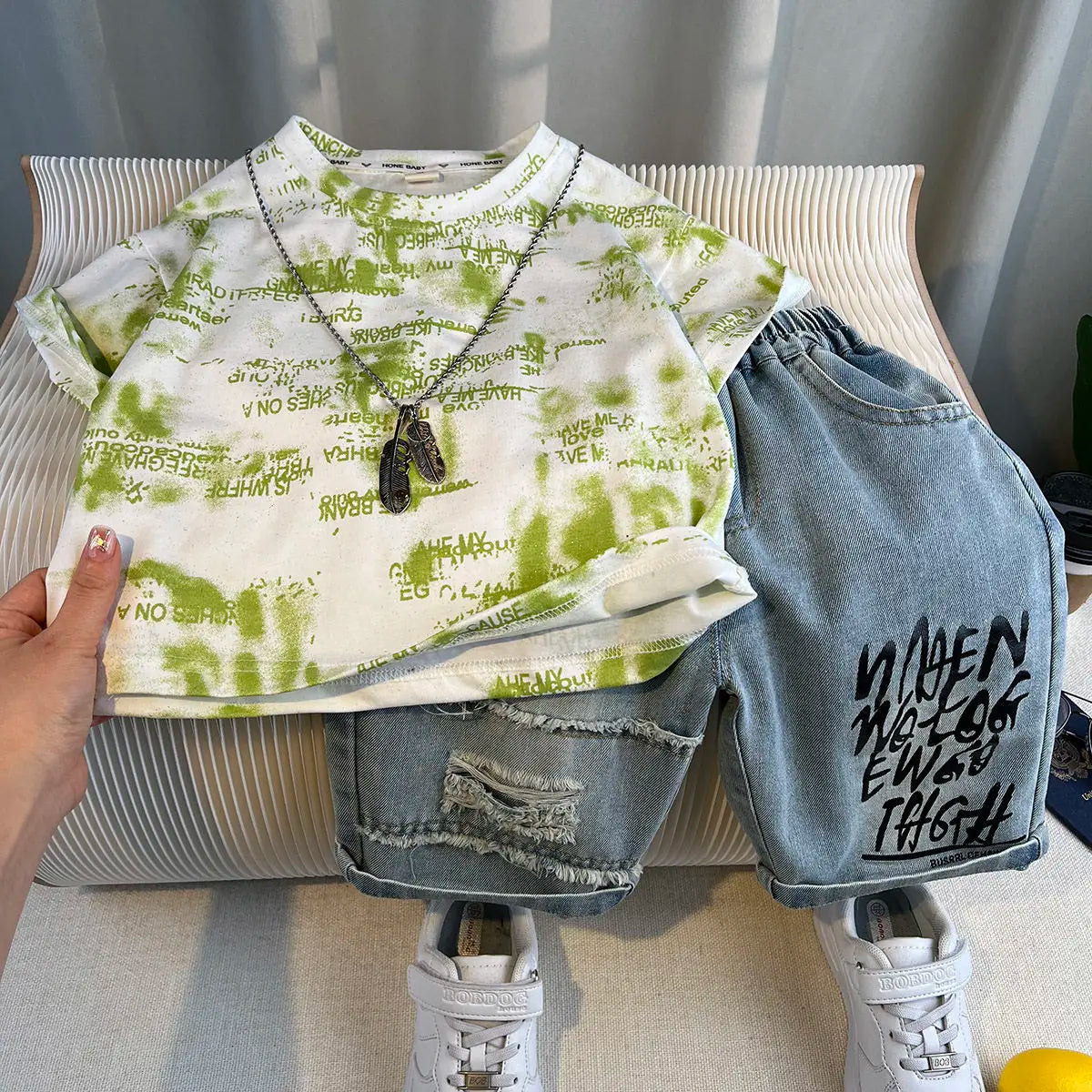 New Boys Fashion Summer Cotton Letter Printing T-shirts+Graffiti Denim Shorts 2pcs Set Kids Korean Outfits Sets Children