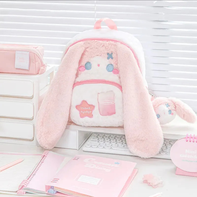 Kawaii Rabbit Ears Double Shoulder Bag Large Capacity Travel Backpack For Girls Cute Cartoon Rabbit Design Ideal Festival Gift