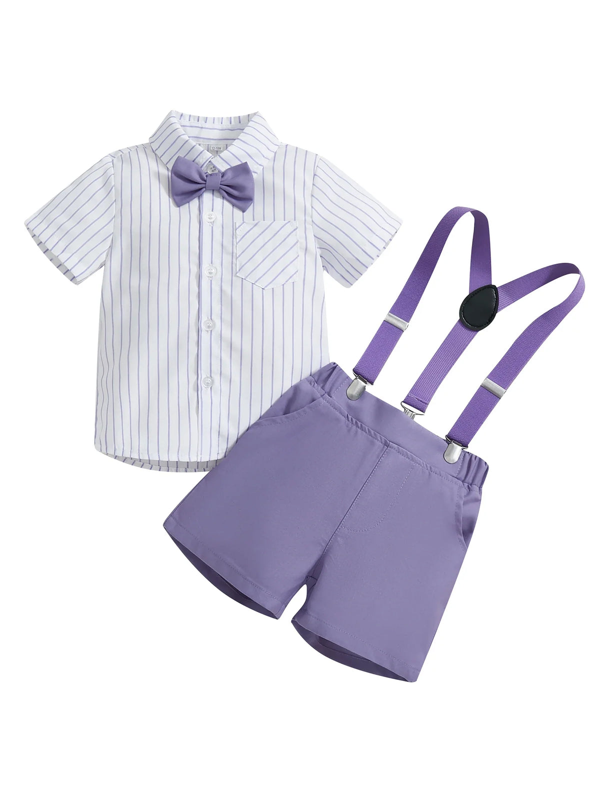 Boy Gentleman Outfit Vertical Stripe Print Short Sleeves Shirt with Bow Tie and Suspender Shorts Set for Formal Wear - Boys