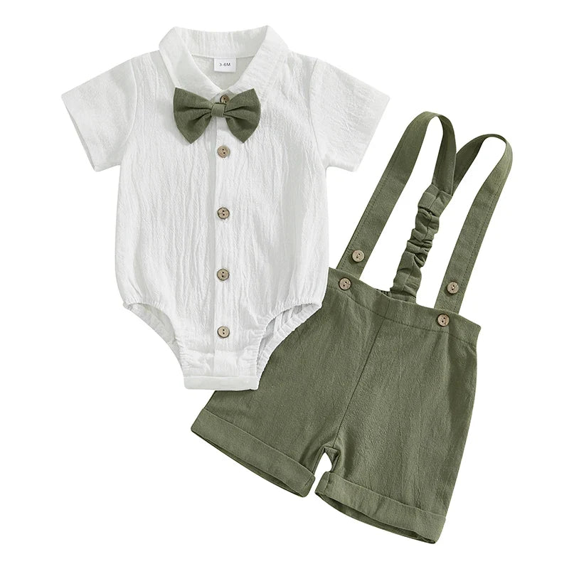 Toddler Boy Gentleman - Toddler Baby Boy Gentleman Outfit Solid Color Short Sleeve Lapel Neck Romper with Suspender Shorts