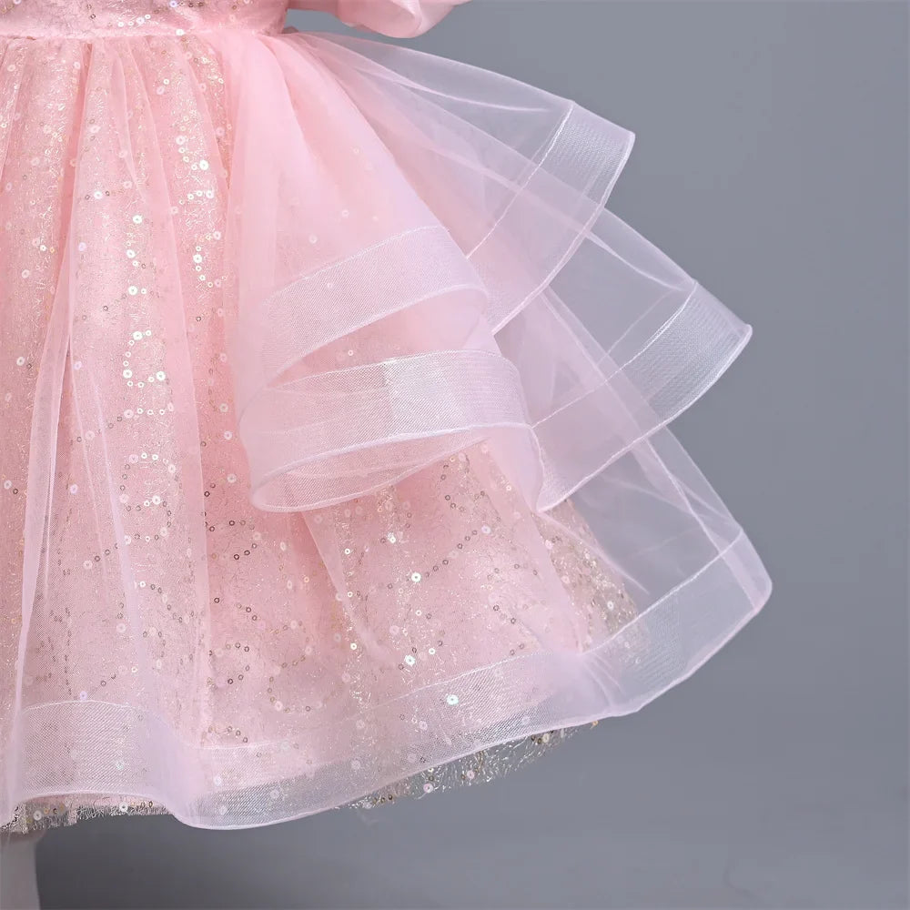 New Girl's Wedding Evening Dress Petal Sequin Mesh Sleeveless Dress Birthday Party School Graduation Party Dress