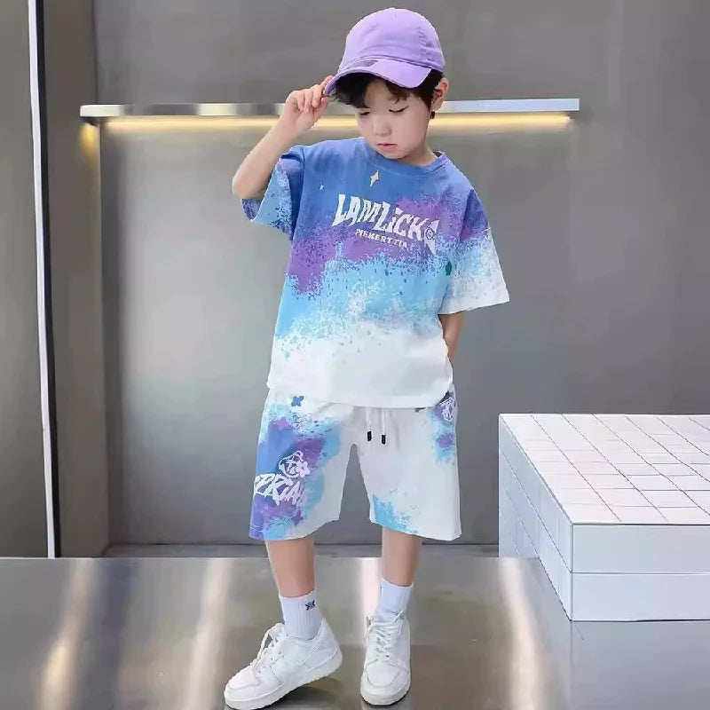 Boys Loose Casual Sets Summer Teen Gradient T-shirts+Shorts 2Pcs Big Kids Sport Short Sleeve Clothes Suits Children Print