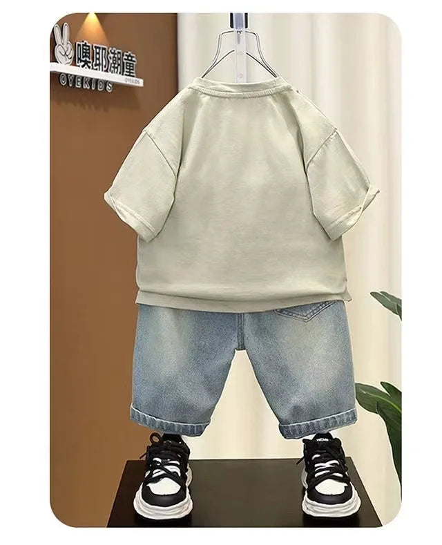 Boys Summer Clothing Set New Handsome Children's Short Sleeved Clothes Trendy Baby T-shirt Jeans Thin Two-piece Set - Boys