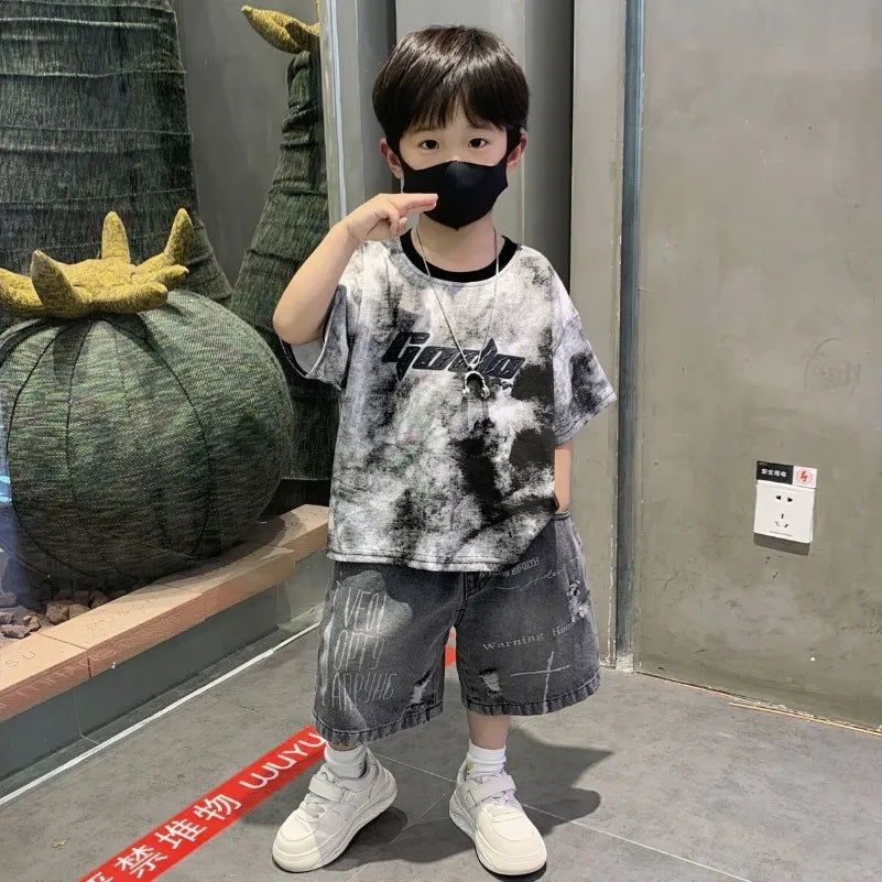 Korean Boys Summer Children's Top and Bottom 2PC Sets Short Sleeve T-Shirt & Denim Shorts Kids Clothes 1-7 Years Black