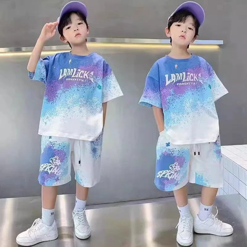 Boys Loose Casual Sets Summer Teen Gradient T-shirts+Shorts 2Pcs Big Kids Sport Short Sleeve Clothes Suits Children Print