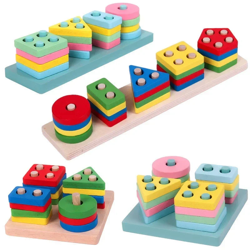 Montessori Toy Wooden Building Block Early Learning Educational Toy Color Shape Match Kids Puzzle Toys For Children Boys Girls