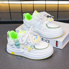 Kids Sports Shoes Girls Breathable Cartoon Sneakers 2025 Spring Autumn New White Shoes Soft Sole Leather Casual Shoes