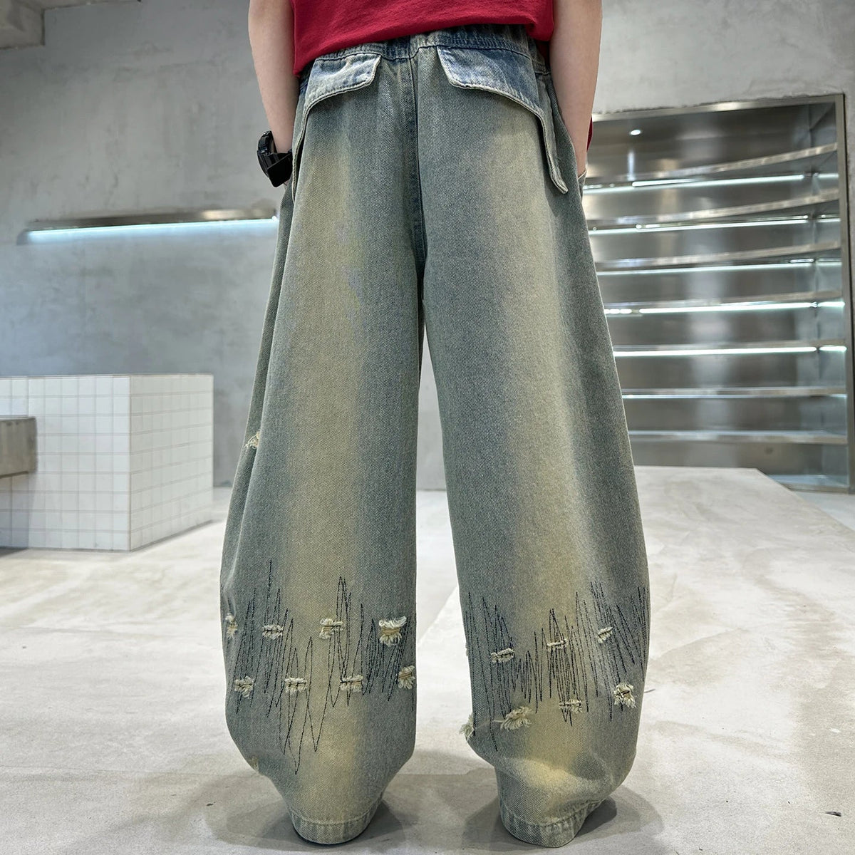 Korean Boy Luxury Hip Hop y2k Baggy Ripped Jeans Kids High Street Fashion Hiphop Rap Dance Denim Pants Child Performance