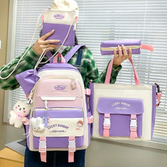 5 Pcs Cute Large Capacity Backpack Set Multifunctional Breathable Student Schoolbag Buckle Coin Purse School