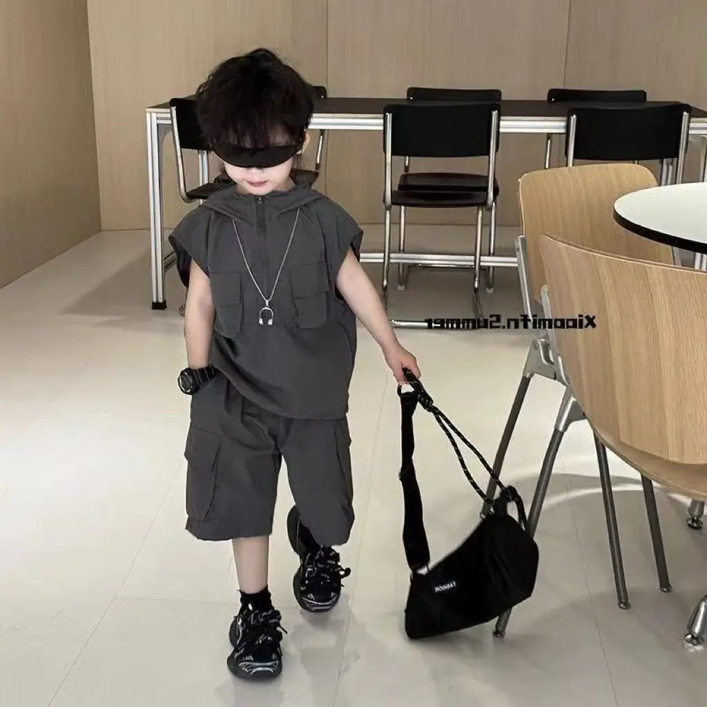 Boys Summer Two-Piece Set Cool Handsome Short-Sleeved Top And Shorts Children's Outfit - Boys Summer & Party Dresses