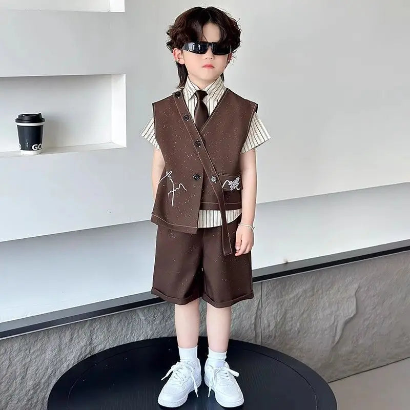 Spring Boy Retro Stripes TShirt+Pants Shorts+Vest Kid Children baby Gentleman Handsome Streetwear Party Clothes - Boys