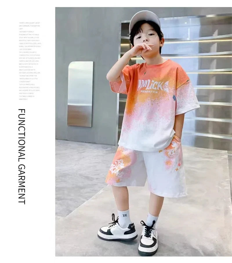 Boys Loose Casual Sets Summer Teen Gradient T-shirts+Shorts 2Pcs Big Kids Sport Short Sleeve Clothes Suits Children Print