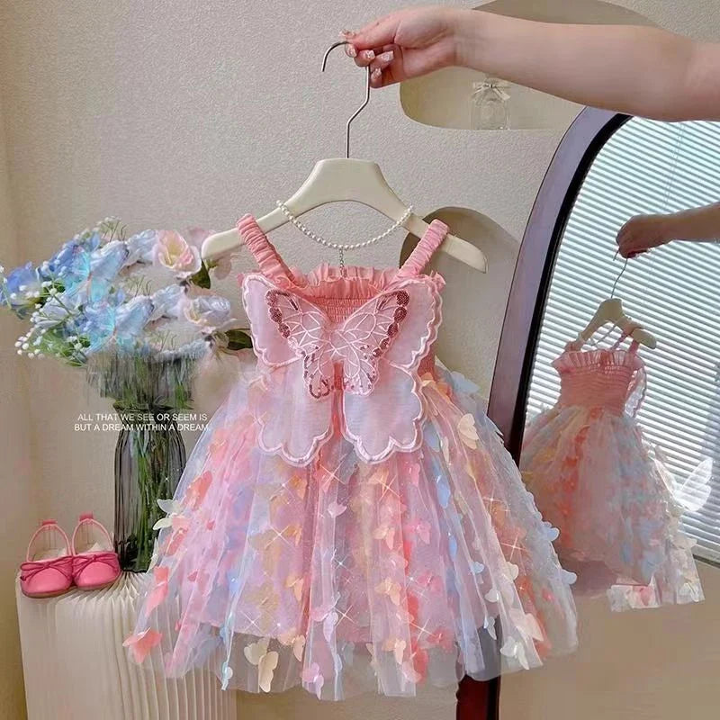 New Baby Girls Birthday Party Evening Dresses Summer Butterfly Wings Children Clothes Sweet Colorful Toddler Kids Costume