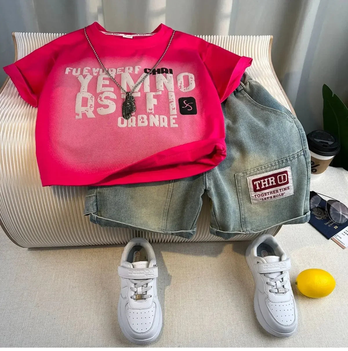 New Boys Fashion Summer Cotton Letter Printing T-shirts+Graffiti Denim Shorts 2pcs Set Kids Korean Outfits Sets Children